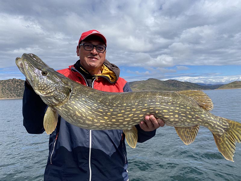 Pecheur avec un brochet sur un lac portugais
